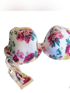 Cacique Cream Push Up Bra with Pink Floral Detail Sz 44DD